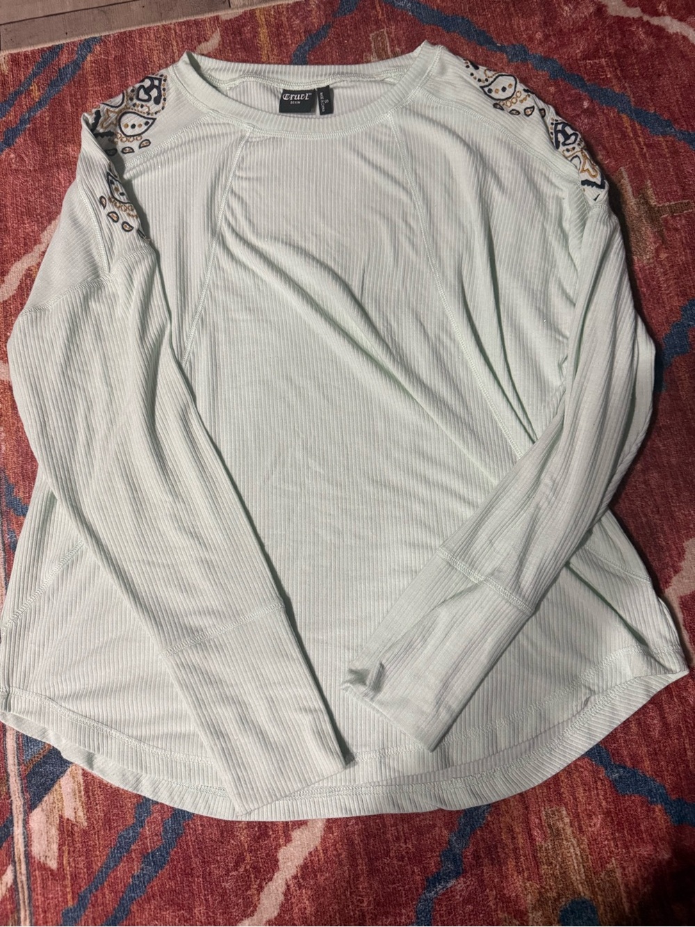 Light Mint Ribbed Long-Sleeve Top with Embroidered Shoulders